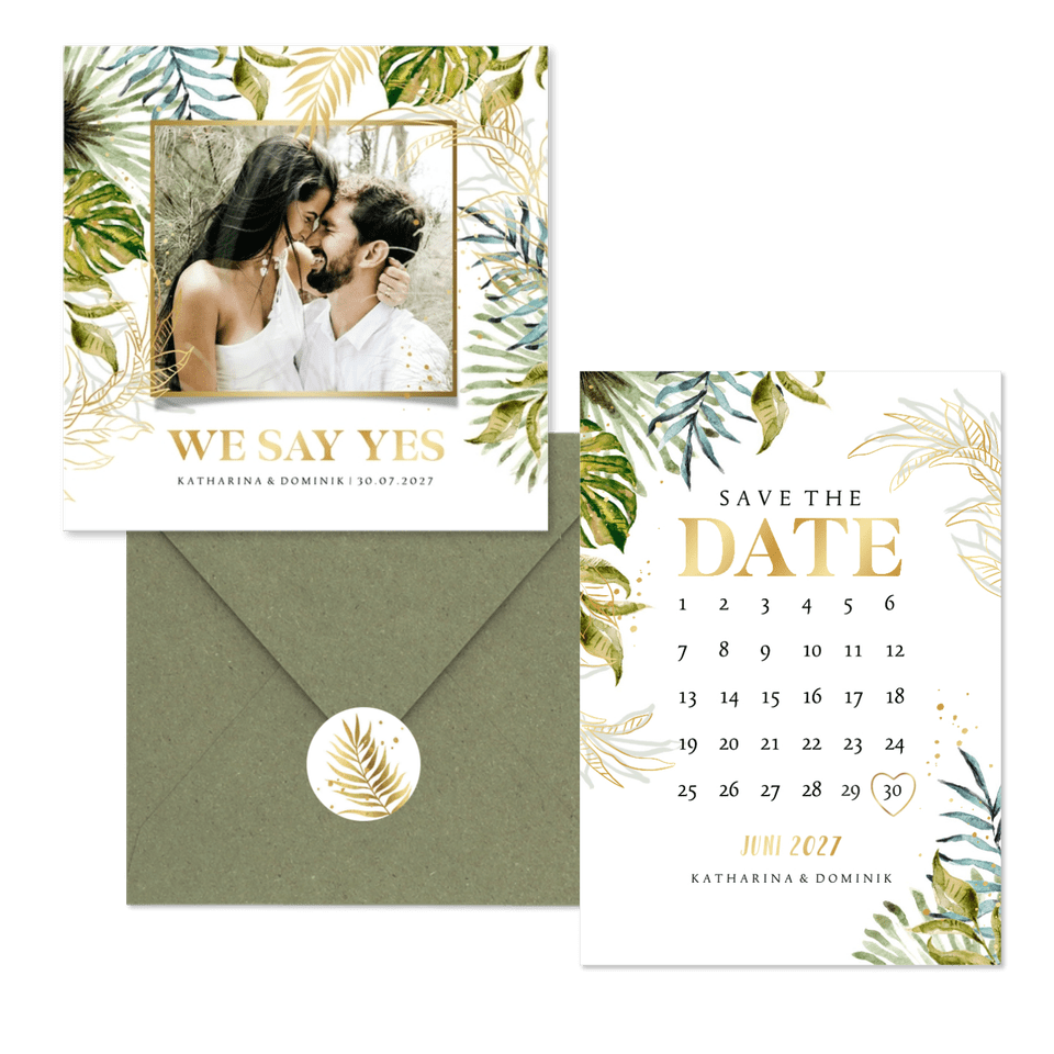 Hochzeitskartenset Botanisch im Goldlook 