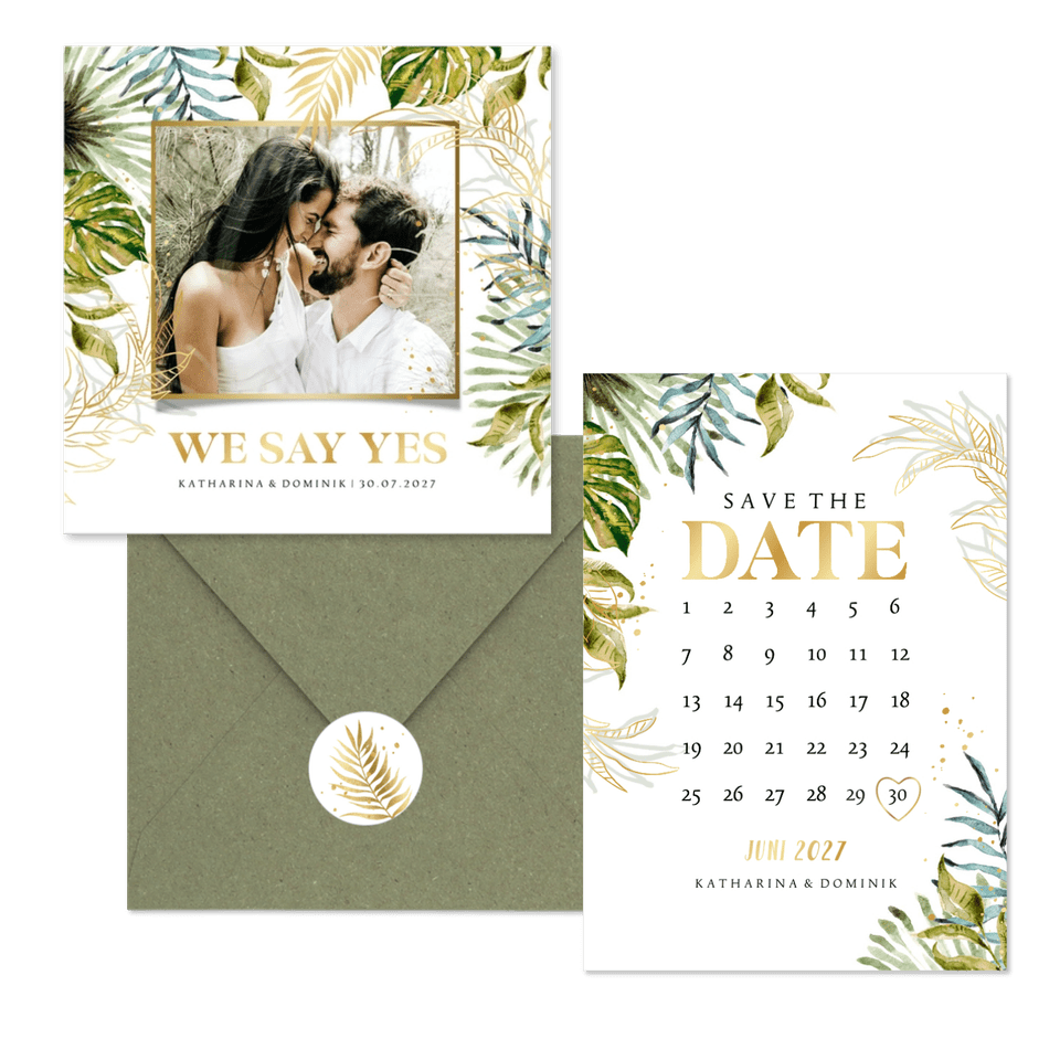 Hochzeitskartenset Botanisch im Goldlook 