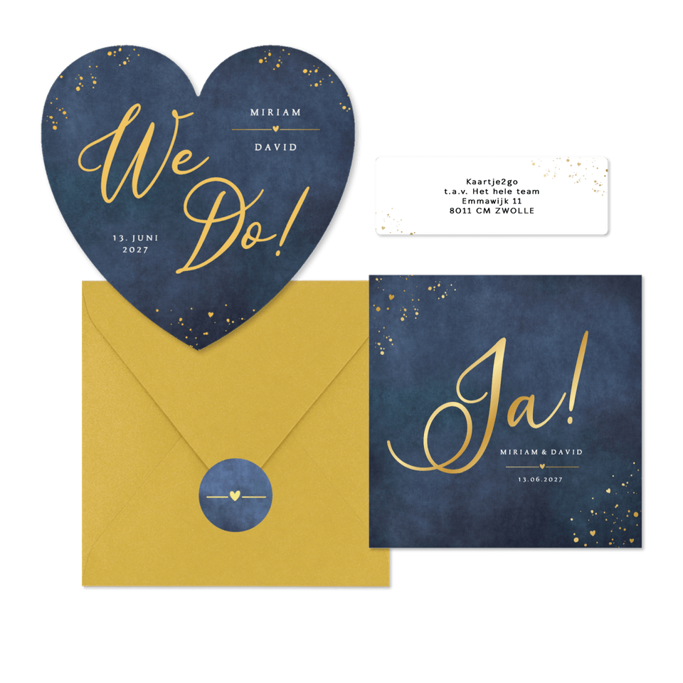 Hochzeitskartenset schlicht Gold auf Dunkelblau