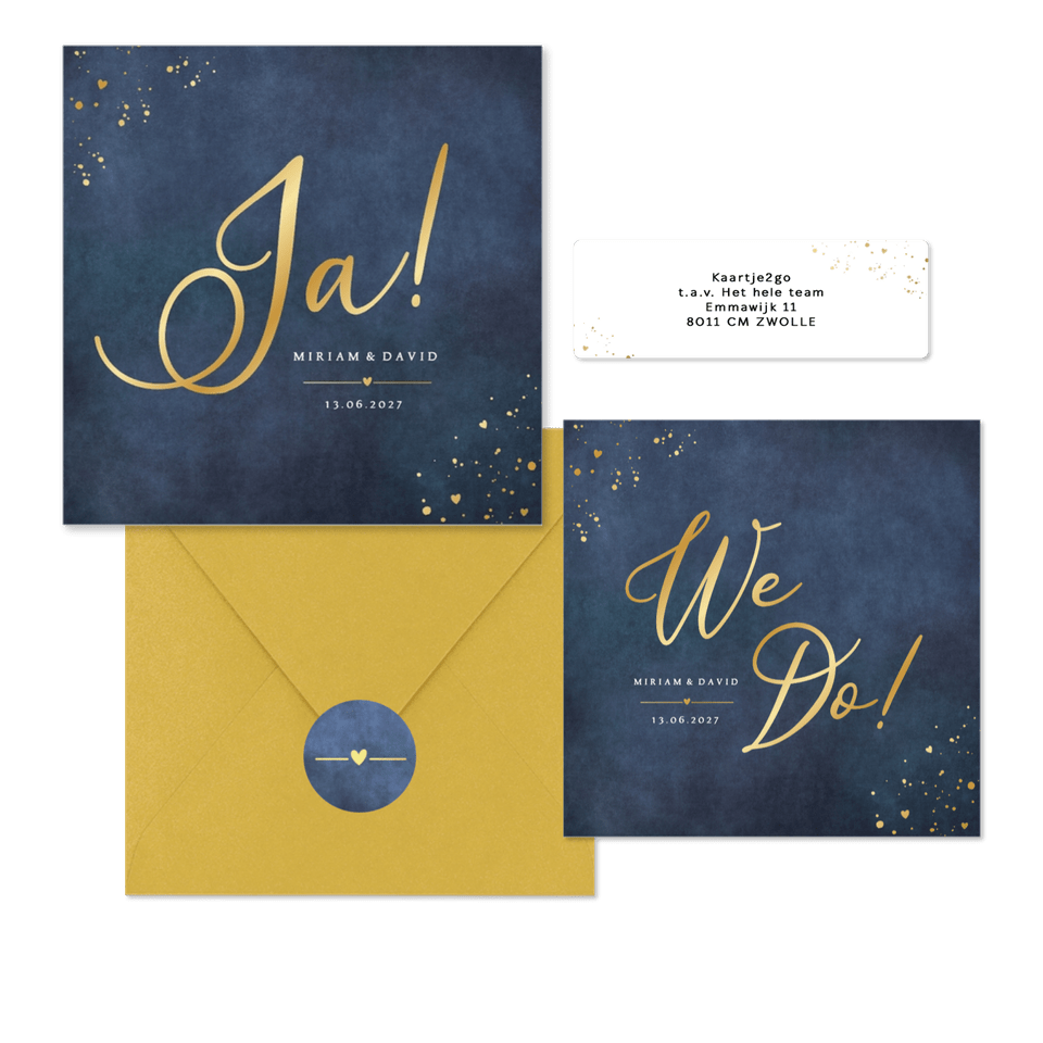 Hochzeitskartenset schlicht Gold auf Dunkelblau