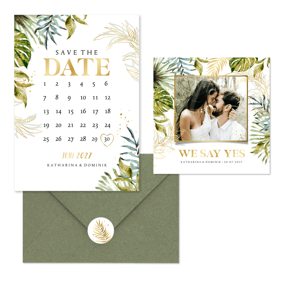 Hochzeitskartenset Botanisch im Goldlook 