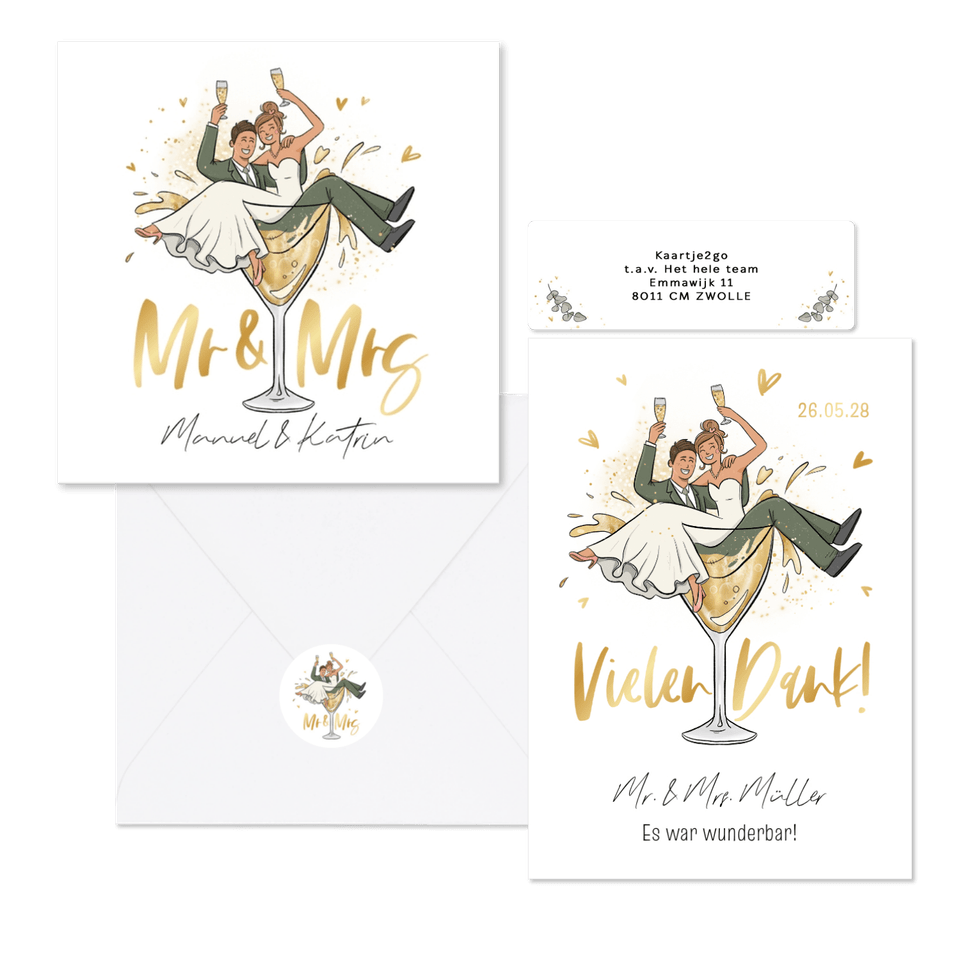 Hochzeitskartenset mit Brautpaar in Sektglas
