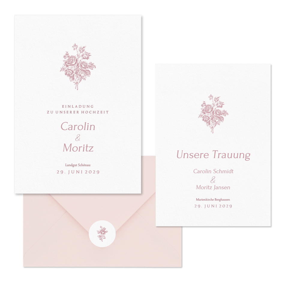 Hochzeitskartenset Altrosa englische Rosen klassisch