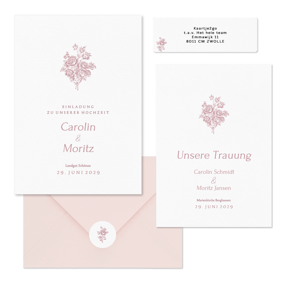 Hochzeitskartenset Altrosa englische Rosen klassisch