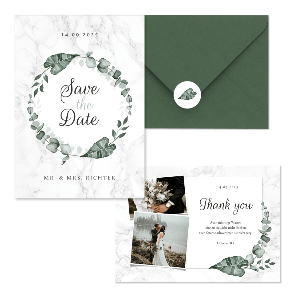 Hochzeitskartenset helles Marmor mit Botanik