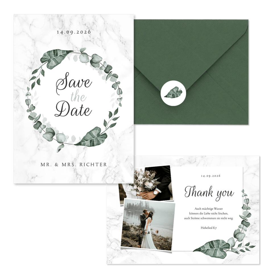 Hochzeitskartenset helles Marmor mit Botanik