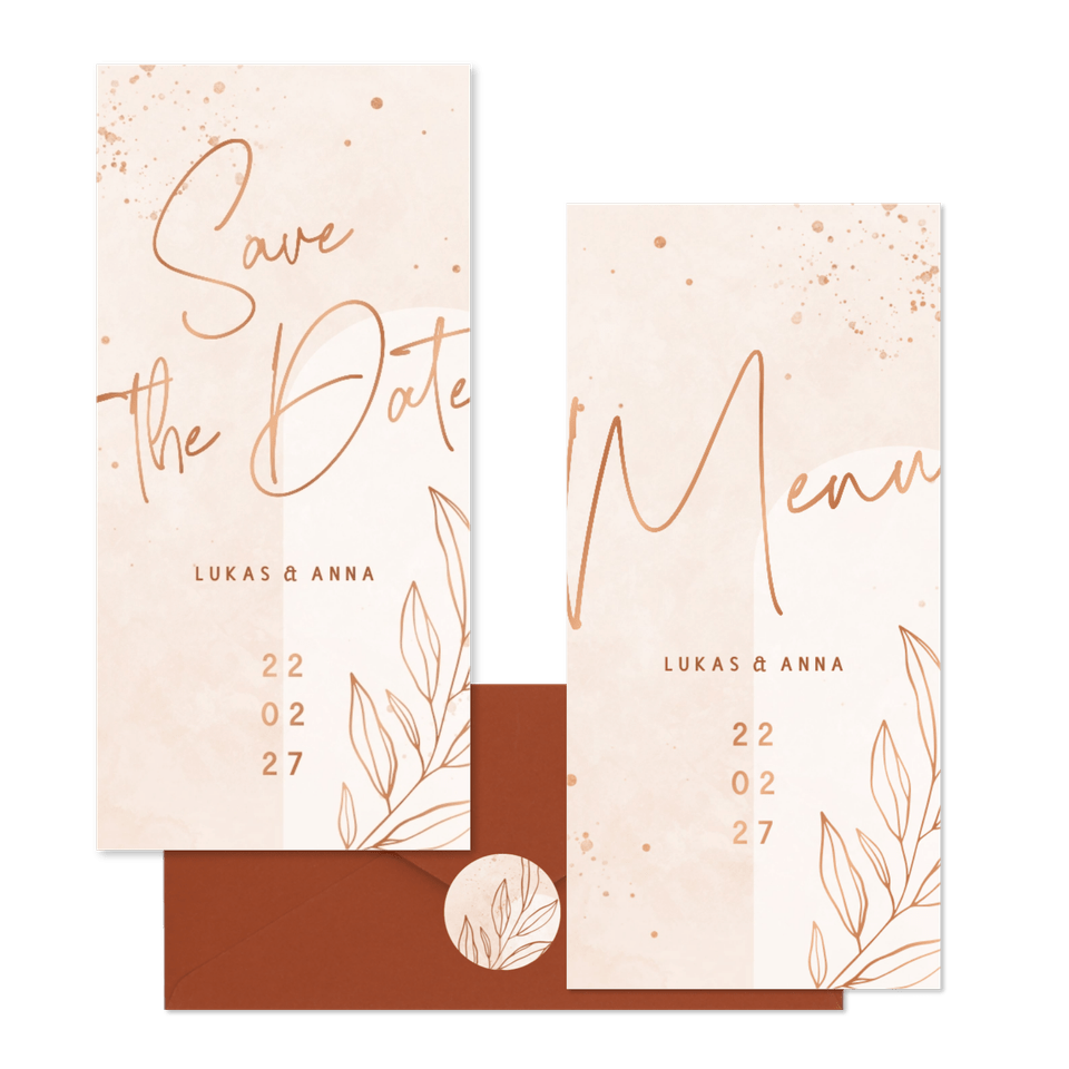 Hochzeitskartenset filigraner Zweig auf Rosé