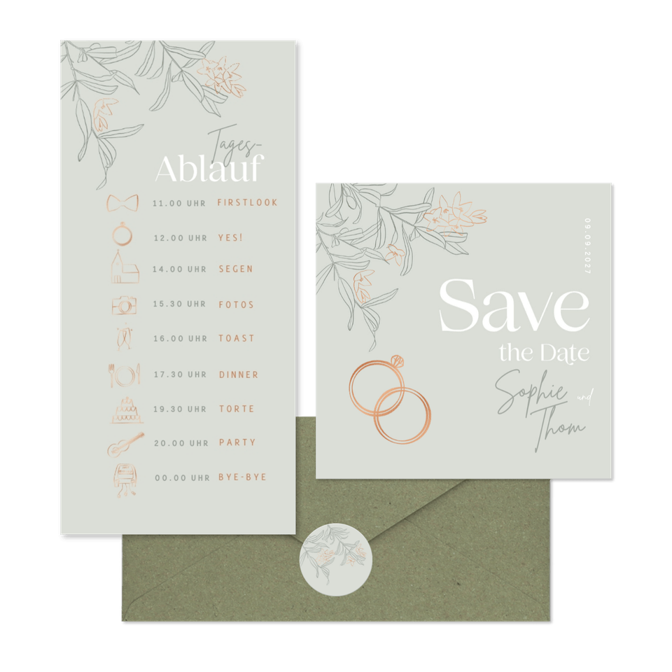 Hochzeitskartenset mit Ringen & Blumen pastellgrün