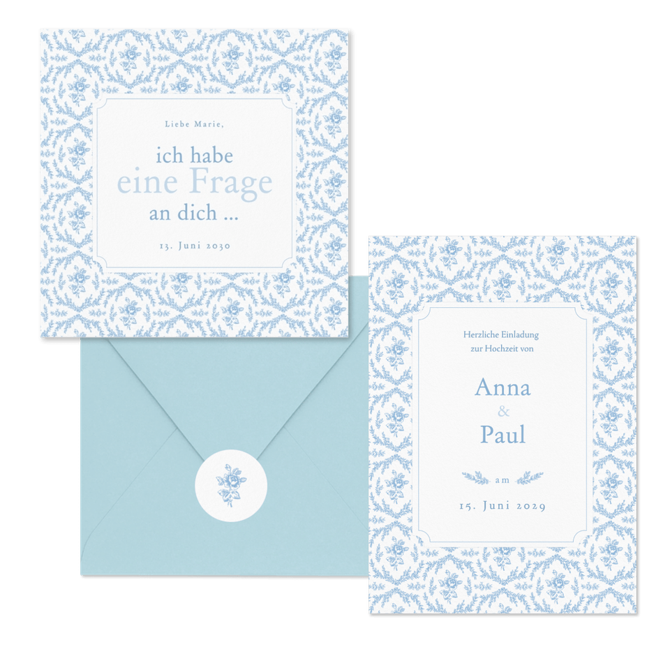 Hochzeitskartenset Hellblau englische Rosen klassisch