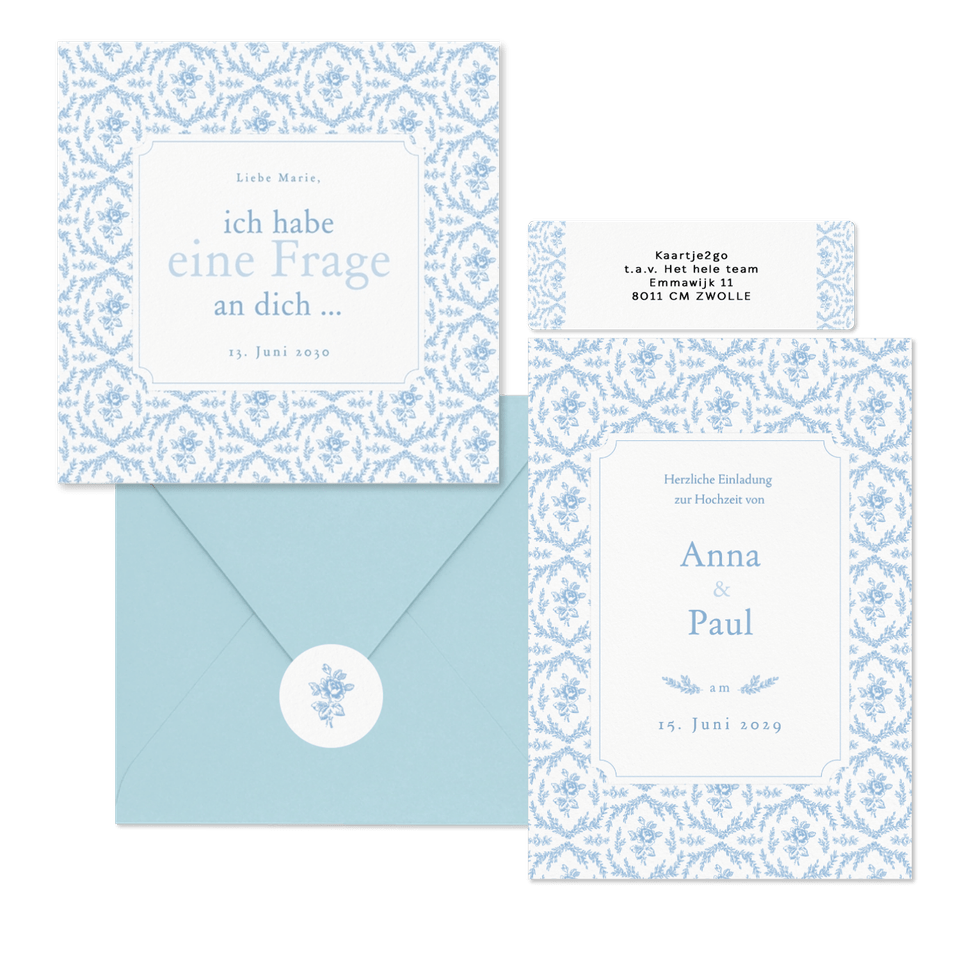 Hochzeitskartenset Hellblau englische Rosen klassisch