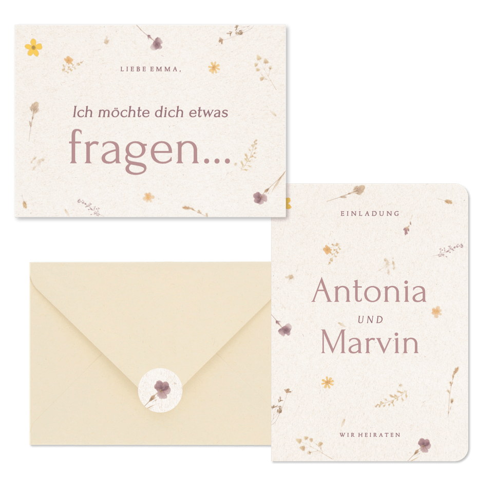 Hochzeitskartenset Schöpfpapier mit gepressten Blumen
