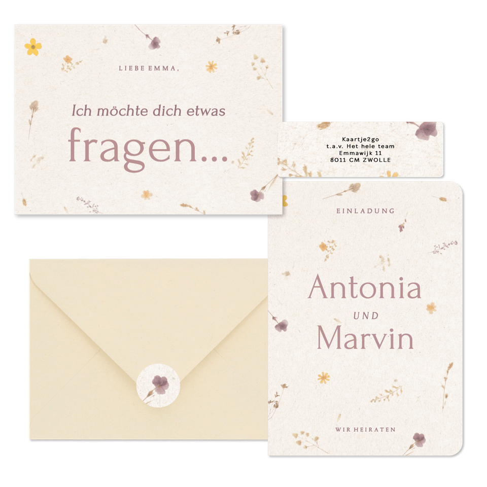 Hochzeitskartenset Schöpfpapier mit gepressten Blumen