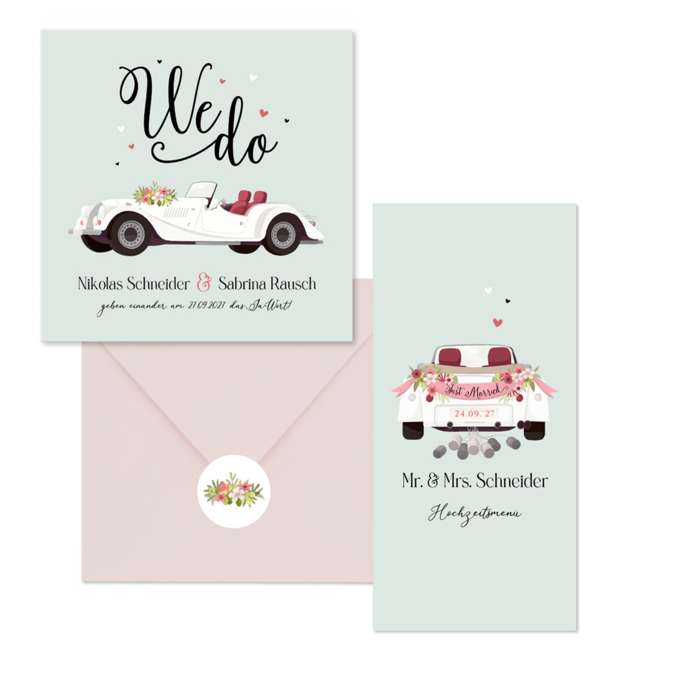 Hochzeitskartenset Oldtimer Auto mintgrün