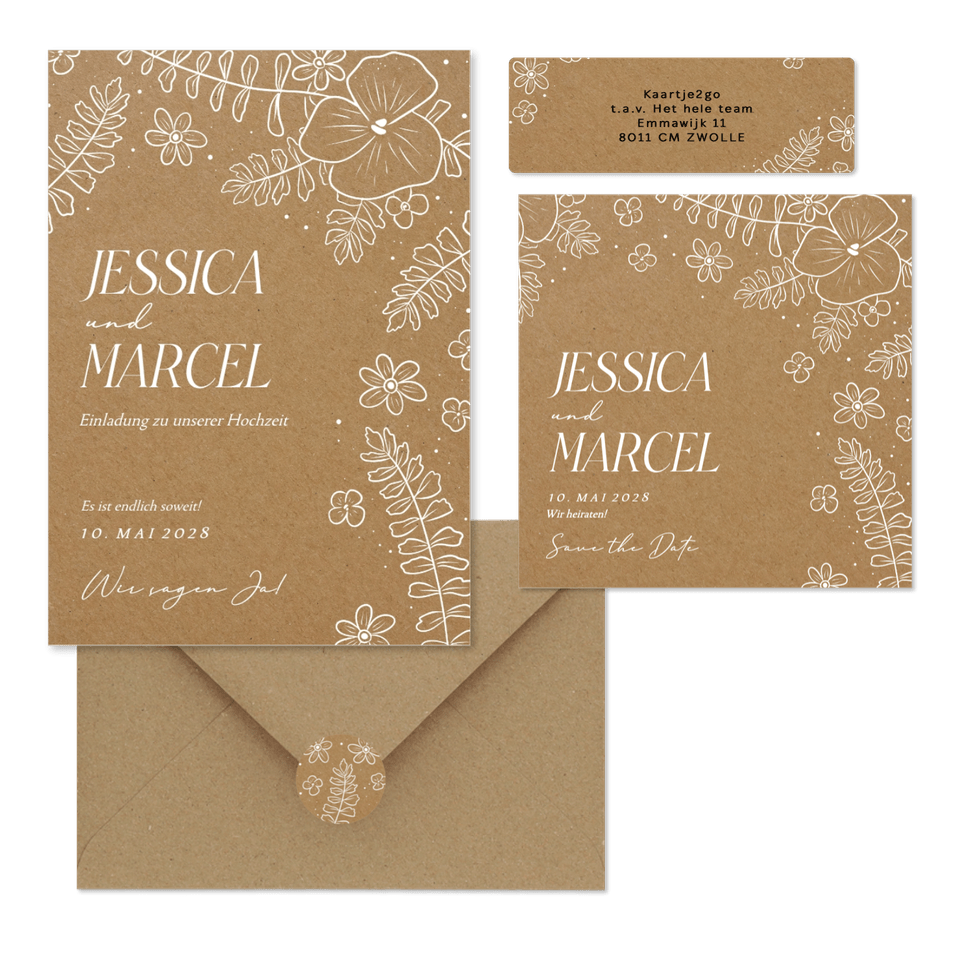 Hochzeitskartenset weiße Blumen auf Kraftpapier