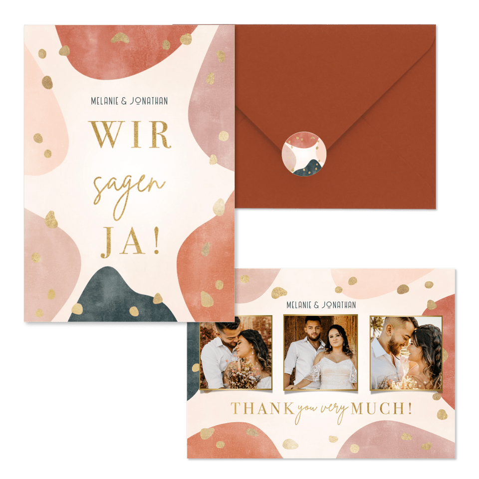 Hochzeitskartenset organische Formen mit Goldklecksen