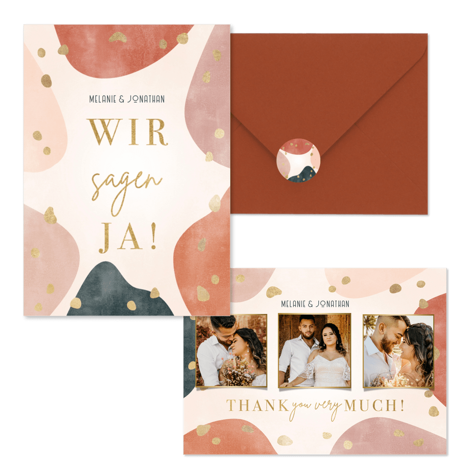 Hochzeitskartenset organische Formen mit Goldklecksen