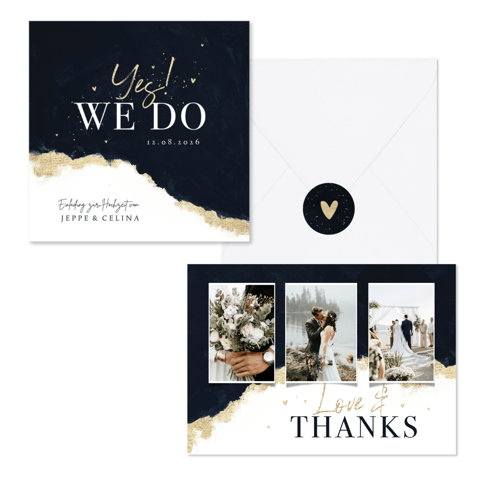 Hochzeitskartenset elegantes Aquarell schwarz-gold