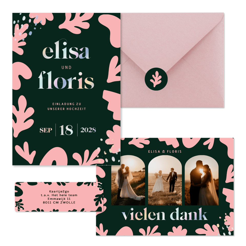 Hochzeitskartenset mit abstrakten rosa Blumen