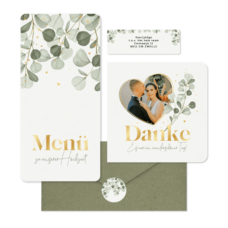 Hochzeitskartenset mit Eukalyptuszweigen & Goldschrift