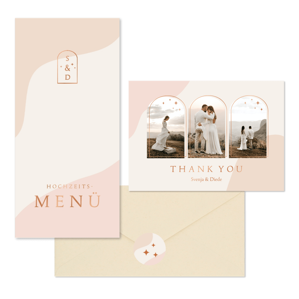 Hochzeitskartenset Bogenfenster auf Rosa mit Kupferelementen