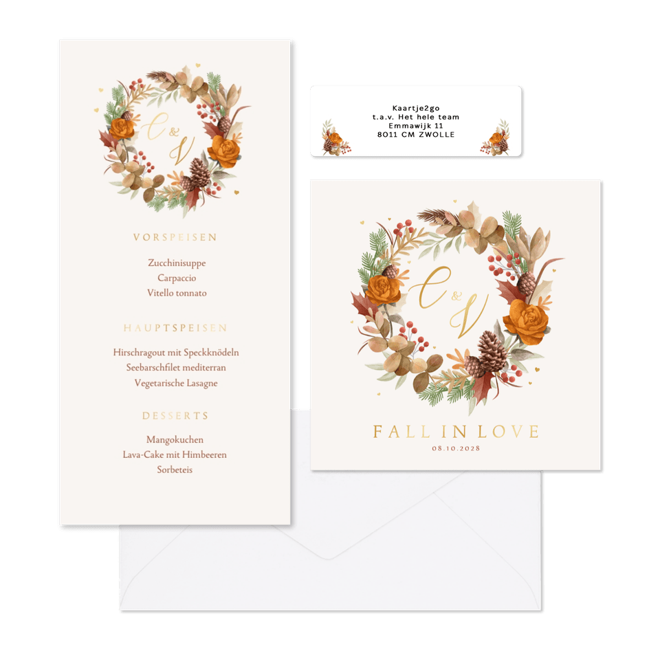 Hochzeitskartenset Blätterkranz Herbststimmung