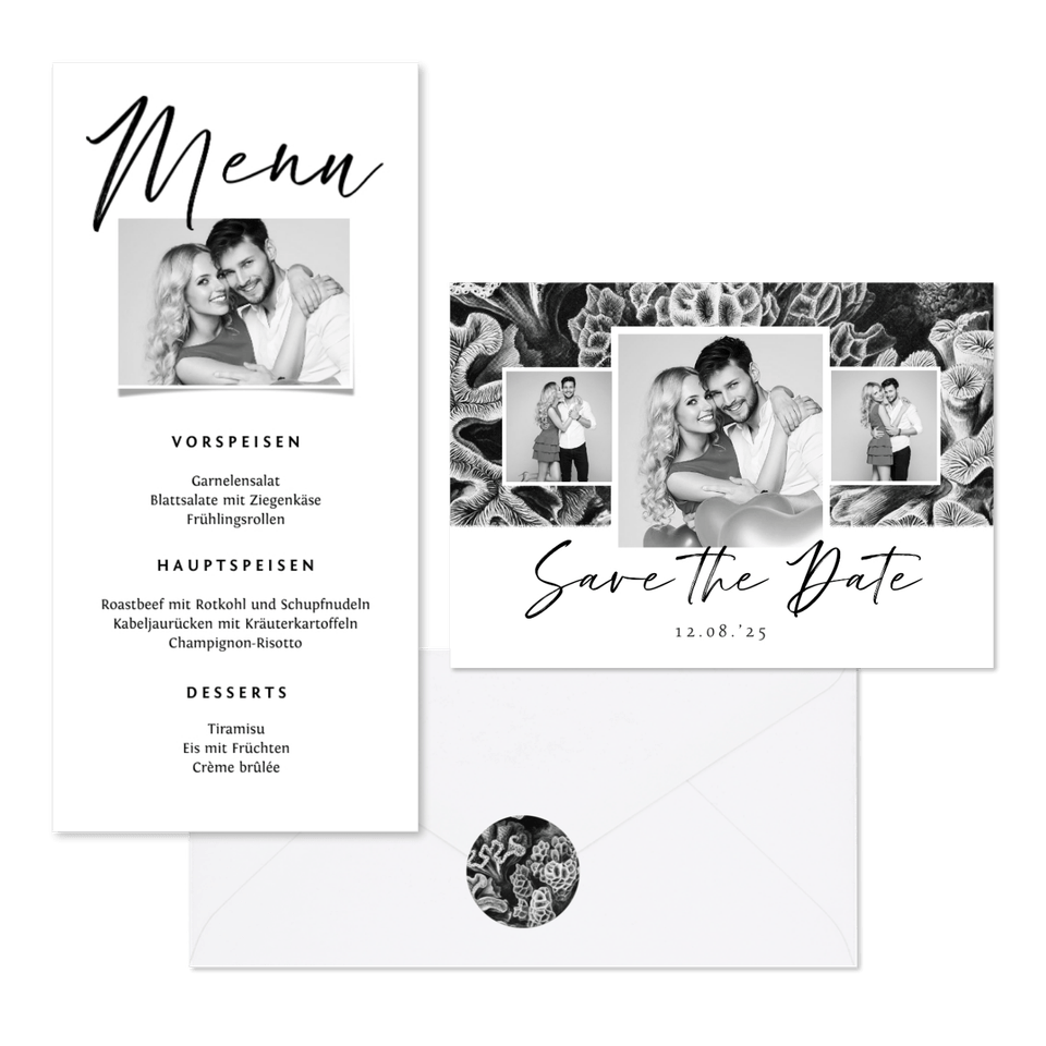 Hochzeitskartenset Korallen in Schwar-Weiß