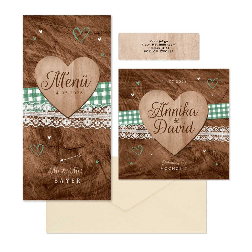 Hochzeitskartenset Trachtenlook auf Holz