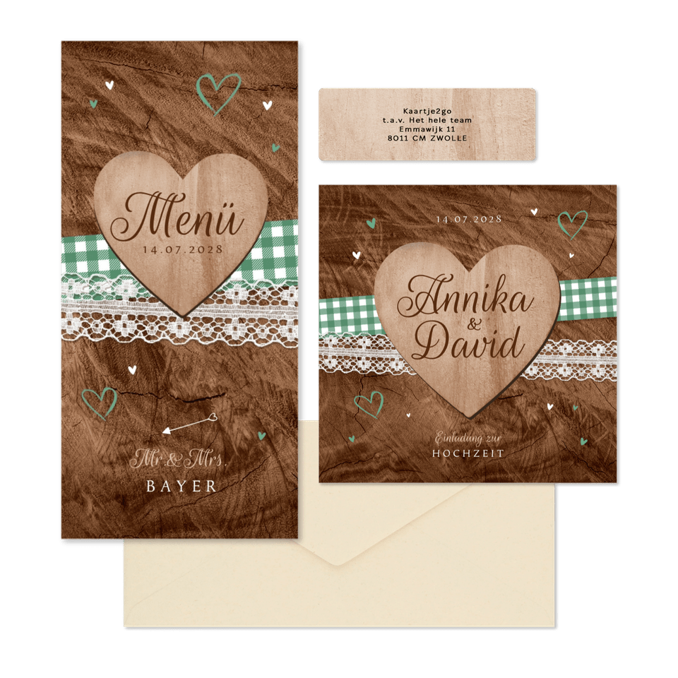 Hochzeitskartenset Trachtenlook auf Holz