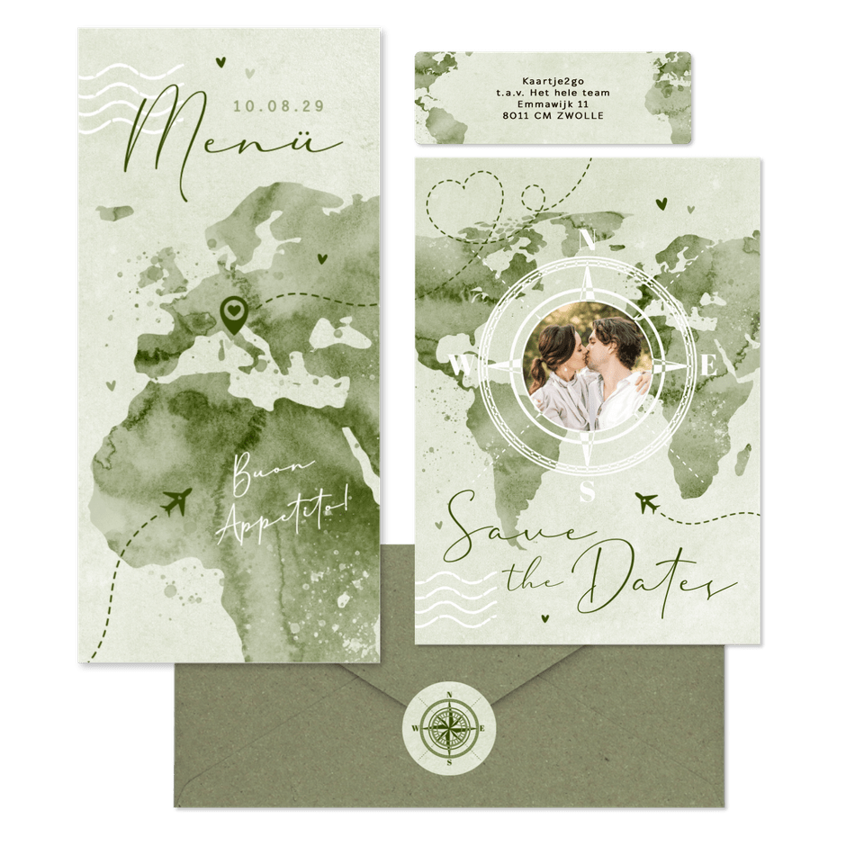 Hochzeitskartenset Aqaurell Weltkarte und Flugzeug in Grün
