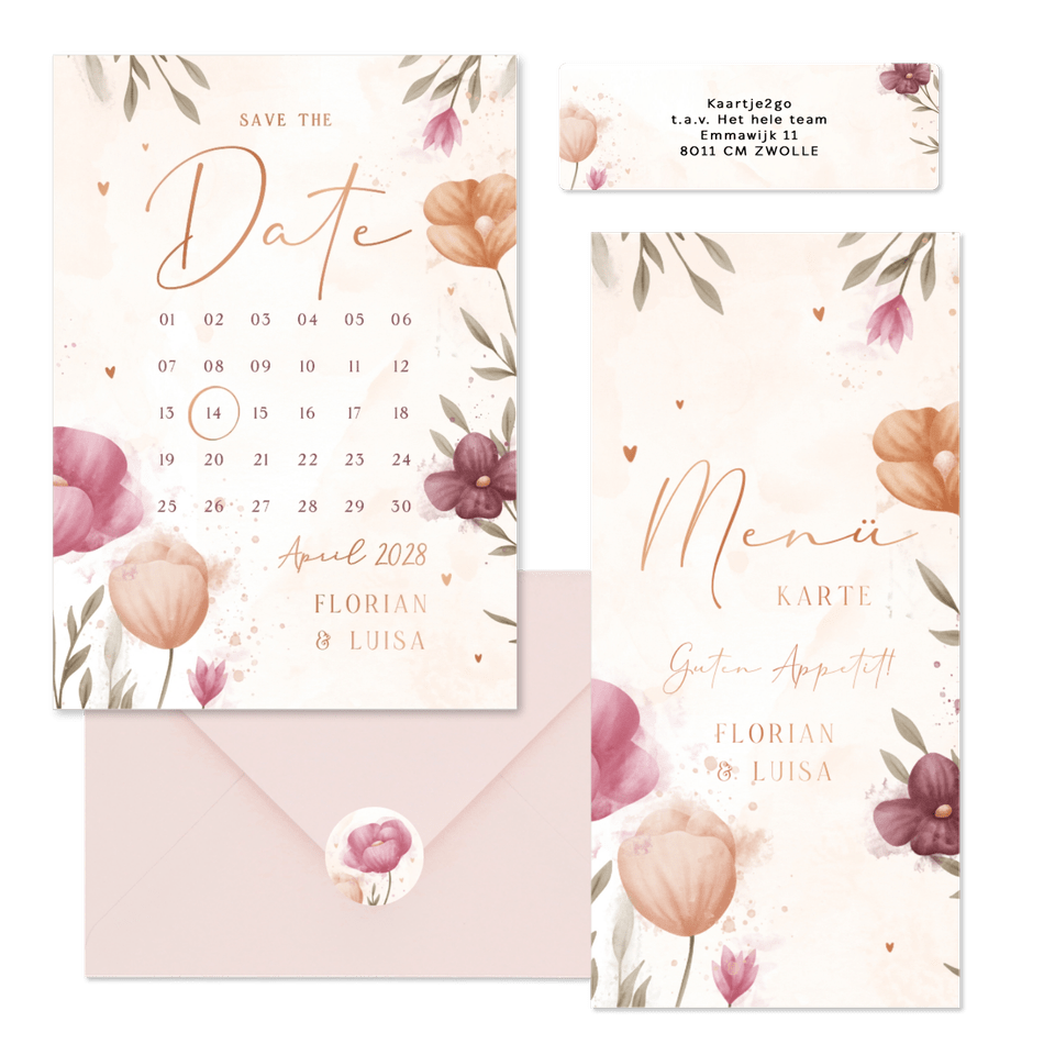 Hochzeitskartenset mit Frühlingsblumen Aquarell & Kupfer
