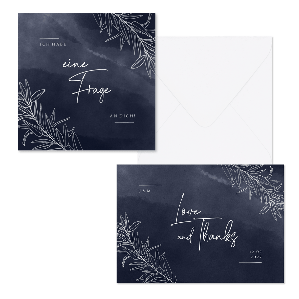 Hochzeitskartenset feine Zweige auf Aquarell in Nachtblau