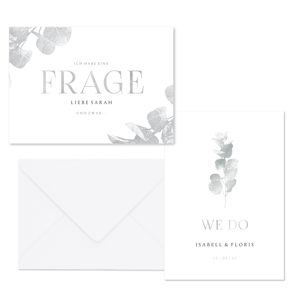 Hochzeitskartenset einfacher Eukalyptuszweig in Silber