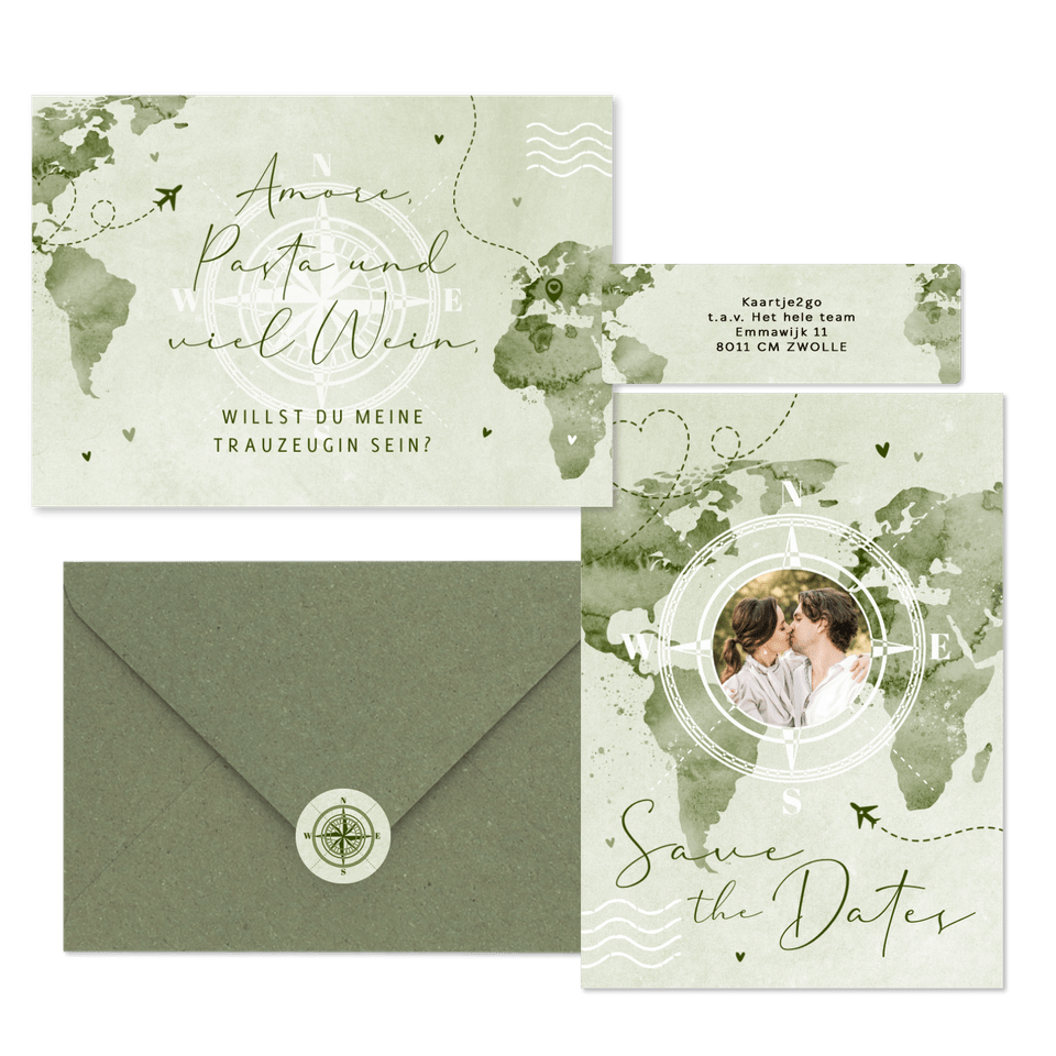 Hochzeitskartenset Aqaurell Weltkarte und Flugzeug in Grün