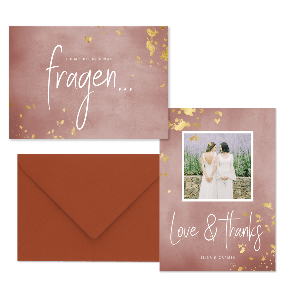 Hochzeitskartenset rosa Aquarell mit Goldtupfen