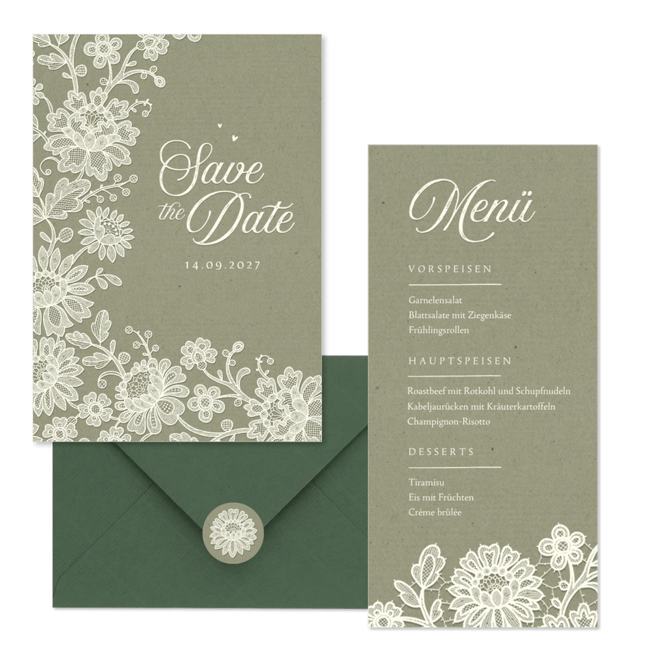 Hochzeitskartenset Spitze auf Olivgrün