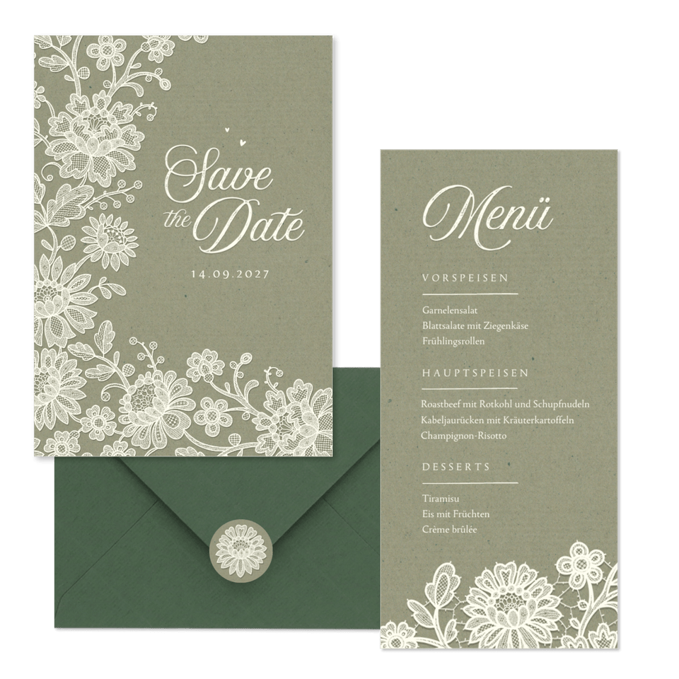 Hochzeitskartenset Spitze auf Olivgrün