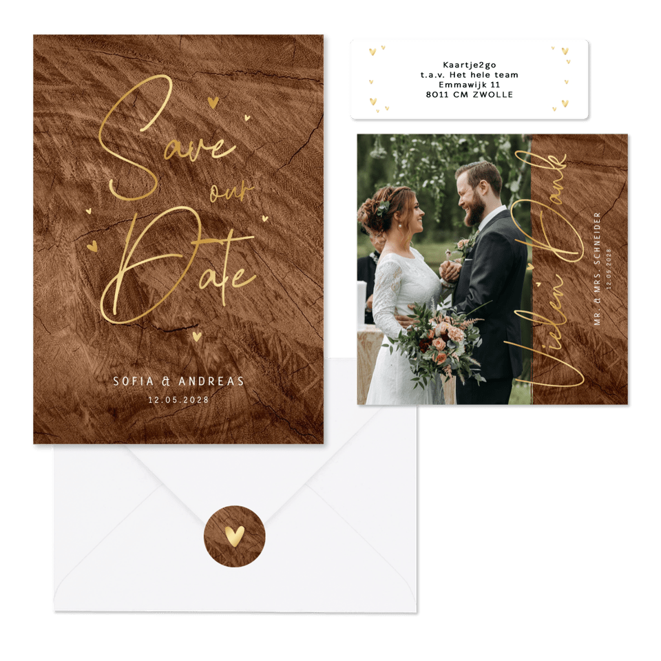 Hochzeitskartenset Holzoptik mit Goldschrift