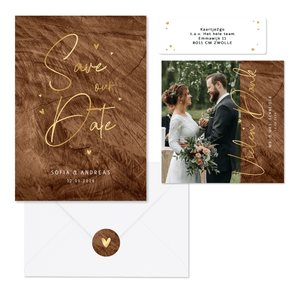 Hochzeitskartenset Holzoptik mit Goldschrift