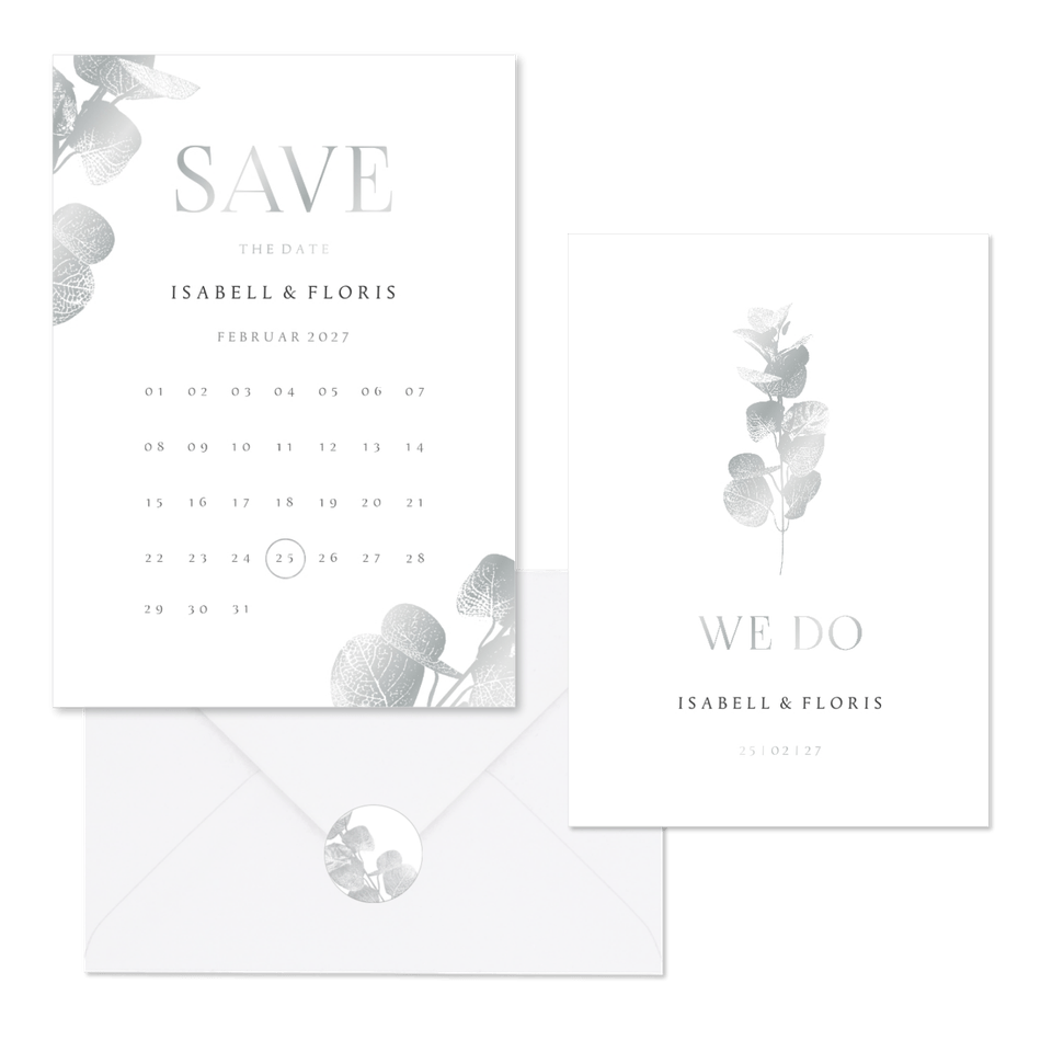 Hochzeitskartenset einfacher Eukalyptuszweig in Silber