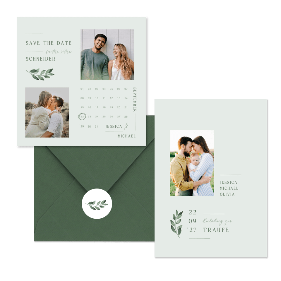 Hochzeitskartenset einfacher grüner Zweig