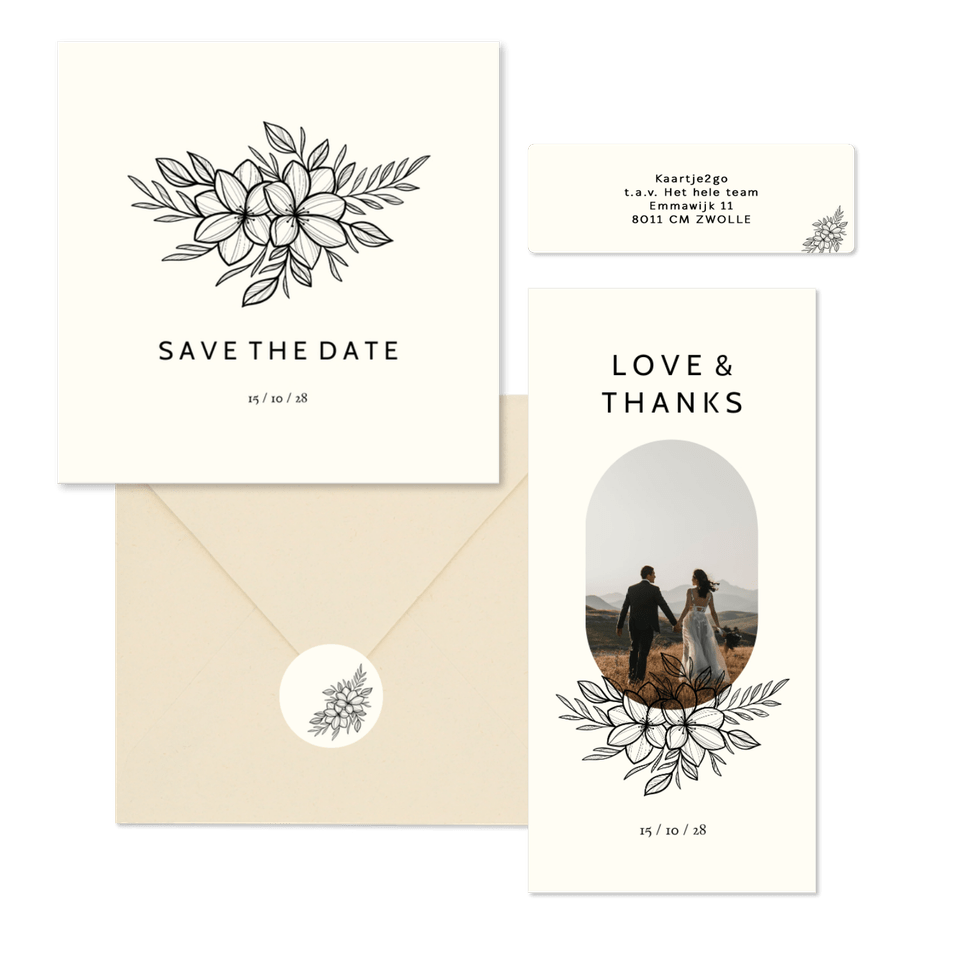 Hochzeitskartenset schlichte schwarze Blumen off-white