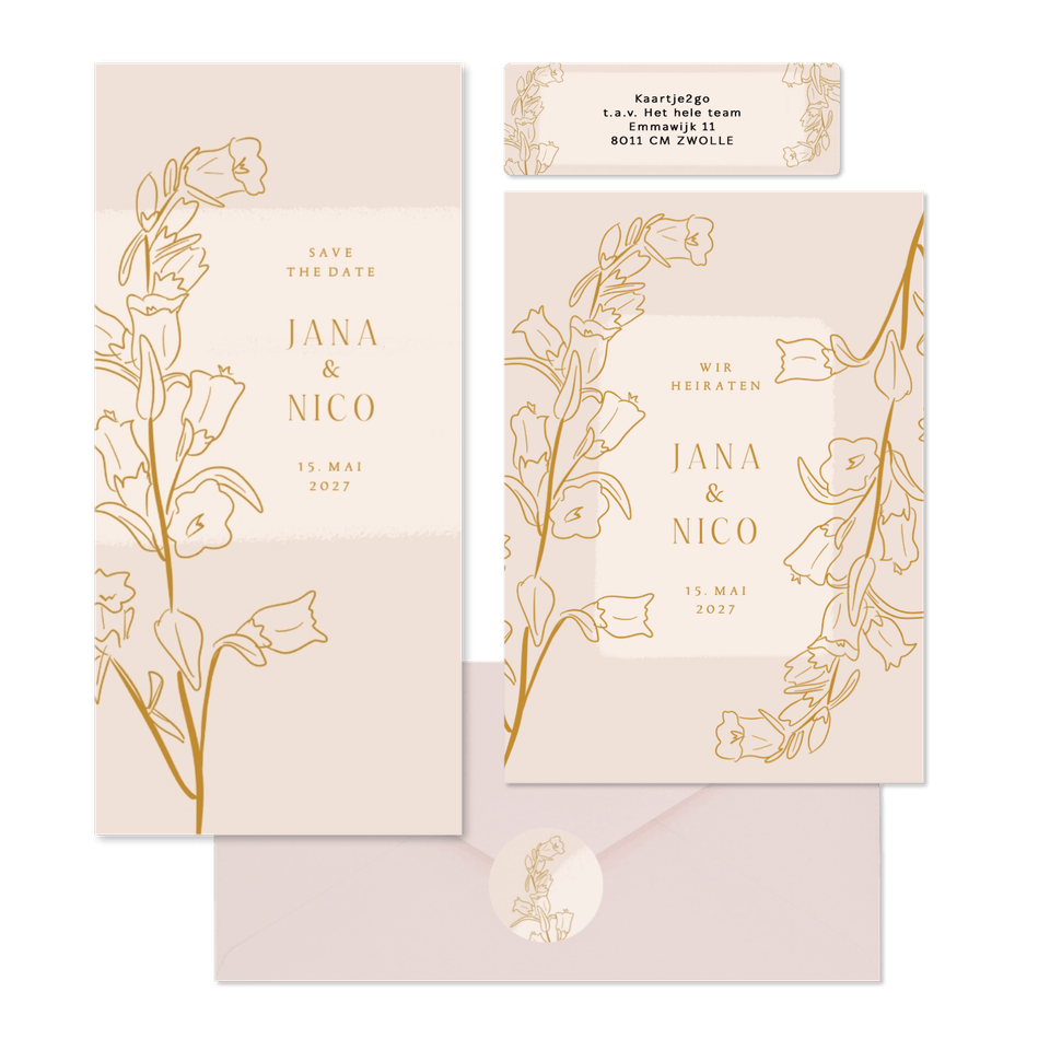 Hochzeitskartenset mit goldenen Glockenblumen Altrosa