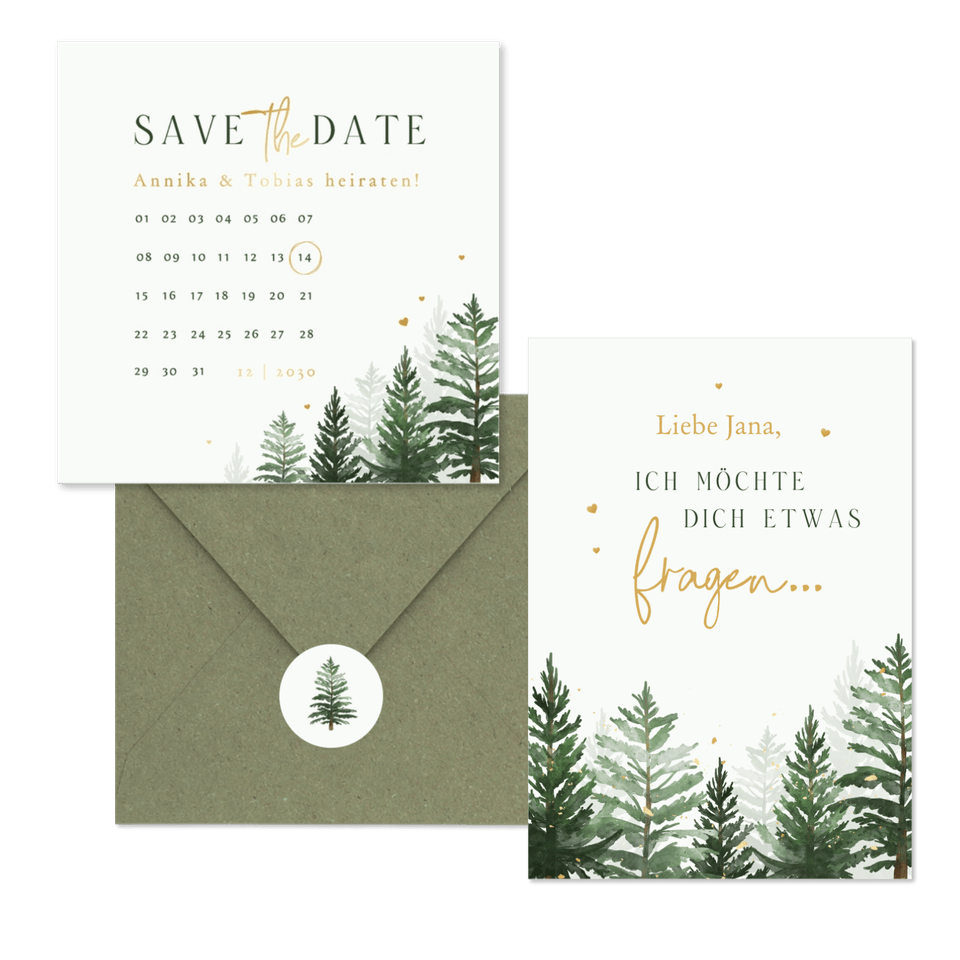Winterhochzeit Kartenset Tannenbäume in Aquarell auf Hellgrün