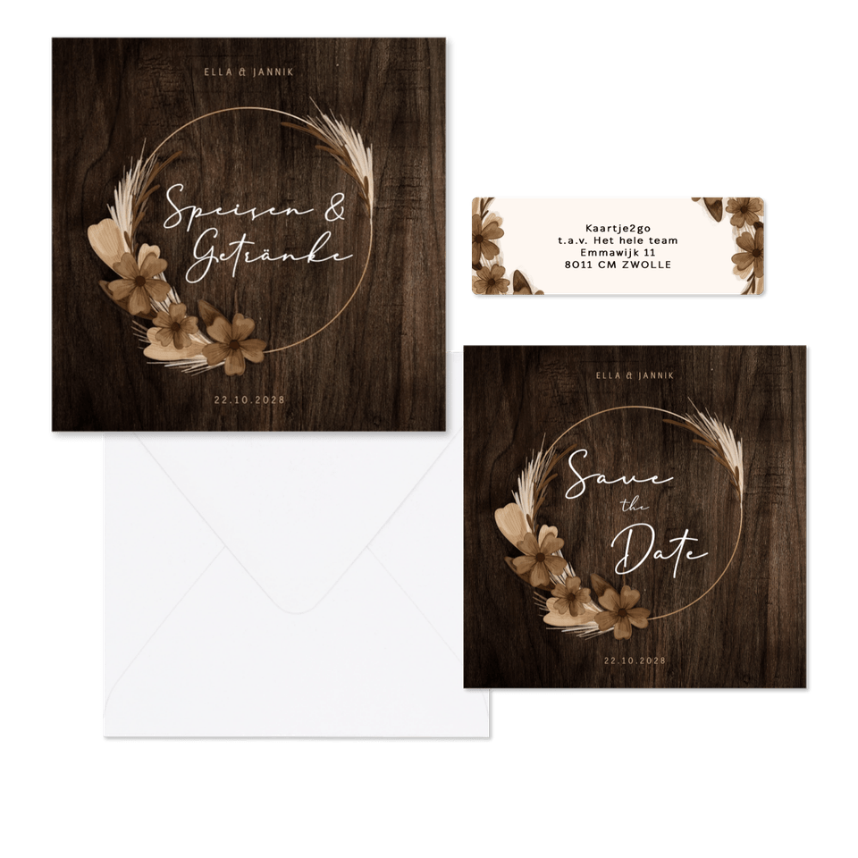 Hochzeitskartenset Trockenblumenkranz auf Holz