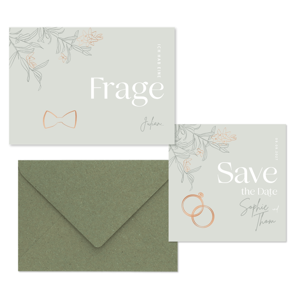 Hochzeitskartenset mit Ringen & Blumen pastellgrün