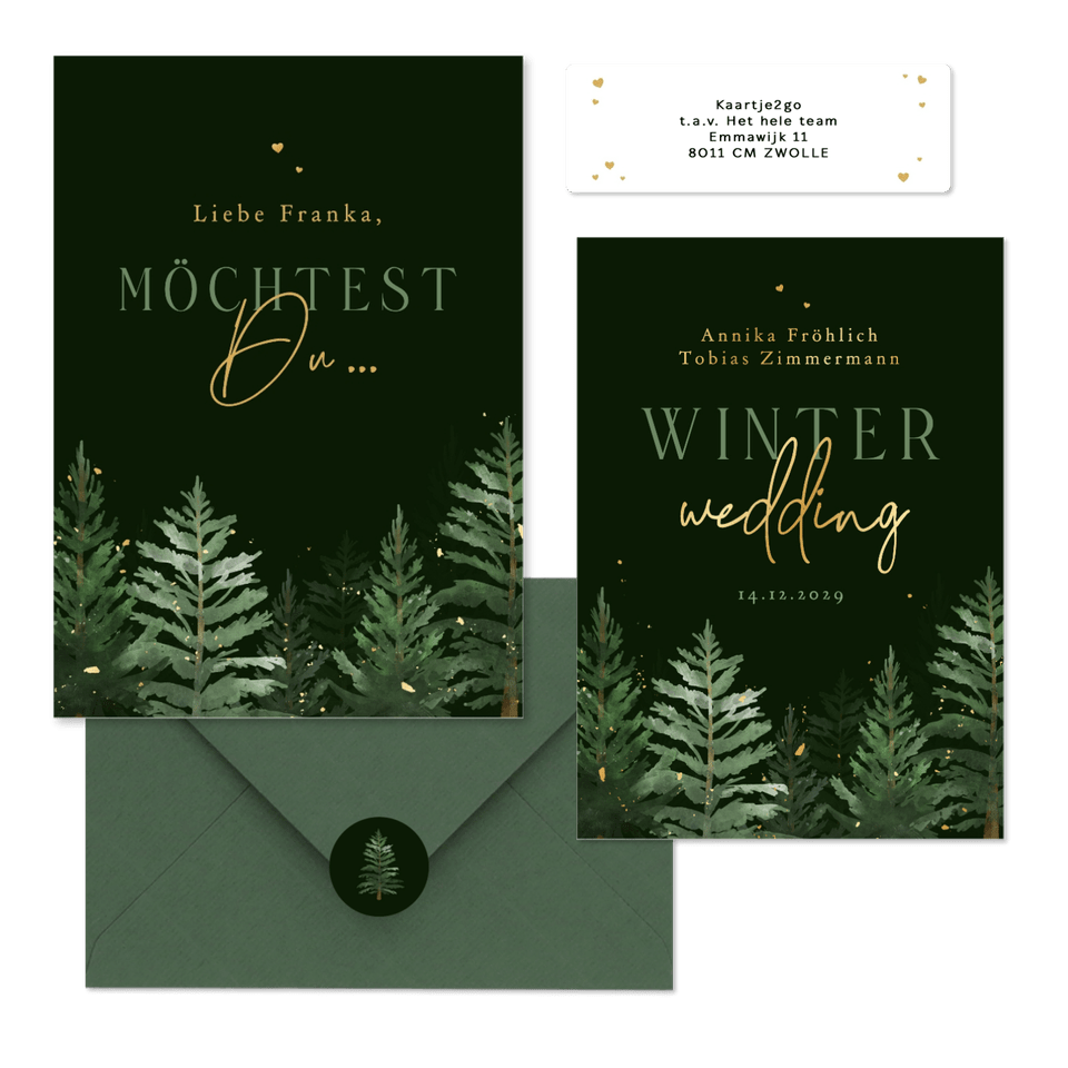 Hochzeitskarten Winterset Tannenbäume in Aquarell auf Dunkelgrün