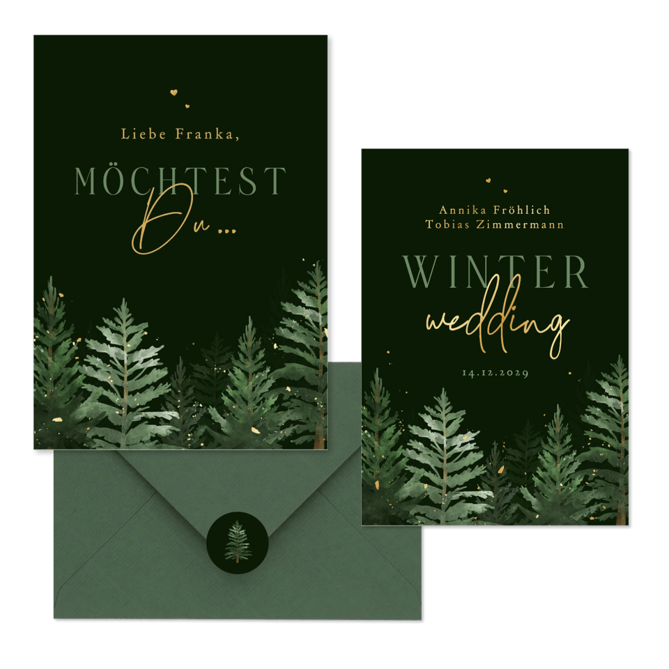 Hochzeitskarten Winterset Tannenbäume in Aquarell auf Dunkelgrün
