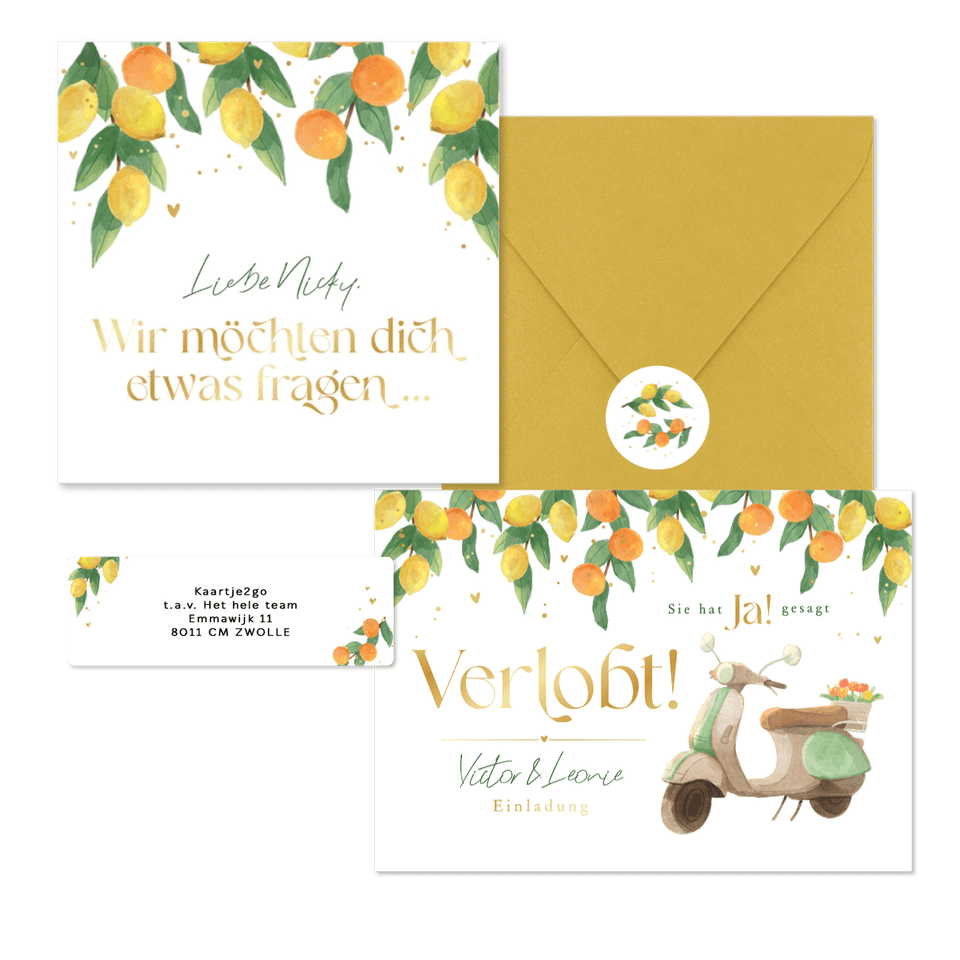 Hochzeitskartenset Zitruszweige mit Zitronen und Orangen