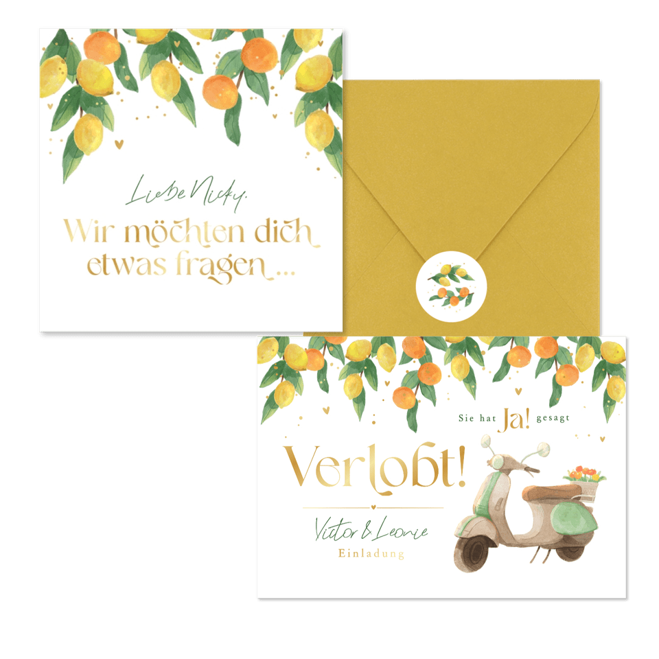 Hochzeitskartenset Zitruszweige mit Zitronen und Orangen