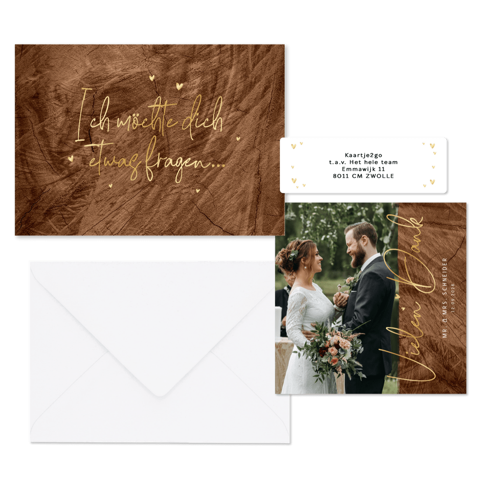 Hochzeitskartenset Holzoptik mit Goldschrift